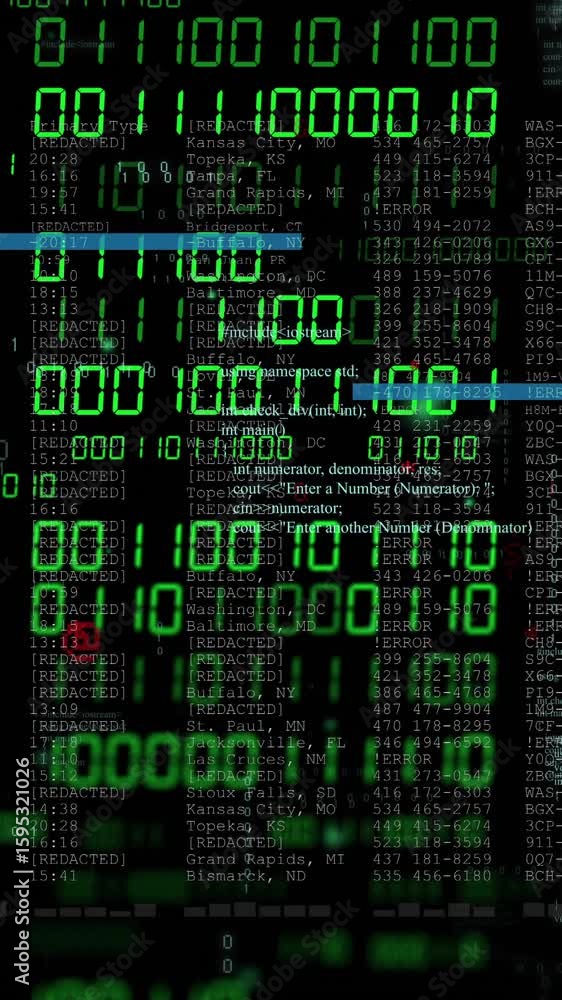 Poster animation of blue lines and binary processing over text data on black background