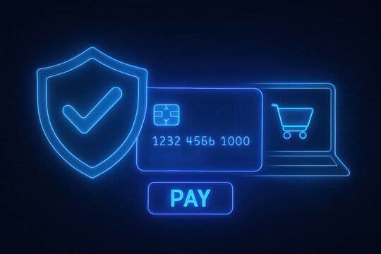 Secure payment illustration featuring shield, credit card, shopping cart, and laptop