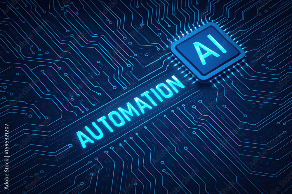 Poster automation ai circuit board with glowing lines represents technology and innovation