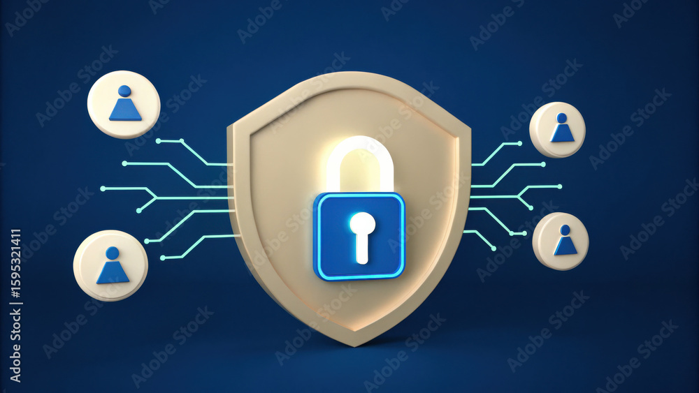 Poster secure shield with padlock and user icons represents digital protection and privacy