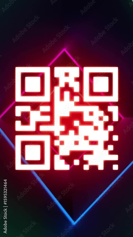 Poster animation of qr code and glowing neon light trails