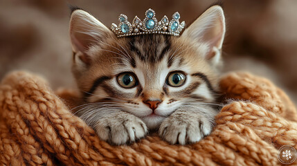 Adorable Kitten Wearing a Tiny Crown in a Cozy Knit Blanket