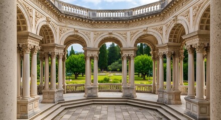 Architectural splendor, a view of classic arches and pillars with serene garden vista landscape