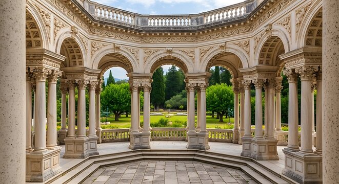 Architectural splendor, a view of classic arches and pillars with serene garden vista landscape - Powered by Adobe