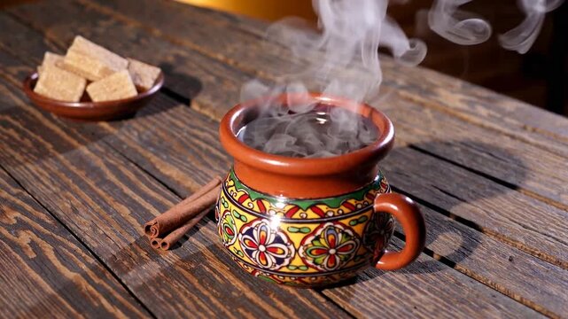 Authentic Mexican caf&eacute; de olla served in traditional handmade clay mug atop rustic wooden table