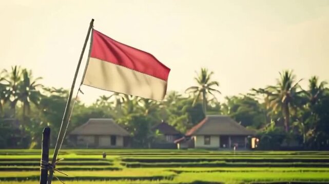 Indonesian flag waving in the wind, overlooking a rural landscape with rice fields and traditional houses.