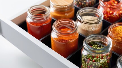 Variety of spices in glass jars inside a drawer.