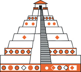 Mayan pyramid vector illustration with orange geometric decorations and central staircase on white background