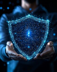 The glowing shield illustrates strong data protection in the cyber realm.