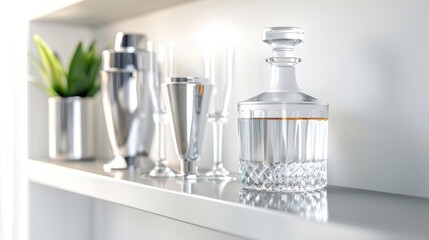 Glass decanter and barware displayed on a white shelf.
