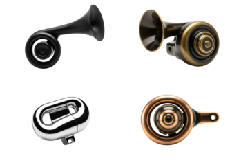 Assorted bicycle horns showcase elegance and practical designs against a white canvas