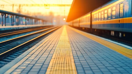 Blurred train station platform background, arriving train