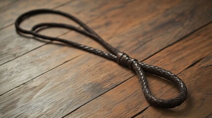 Obraz premium A brown braided leather whip with a knotted end, lying on a wooden surface with a rustic, weathered appearance.