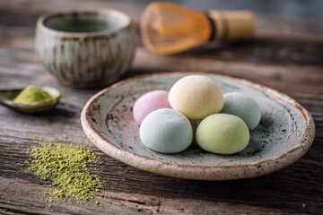 A plate with colorful mochi desserts on a wooden table, accompanied by matcha powder and a tea whisk in the background.