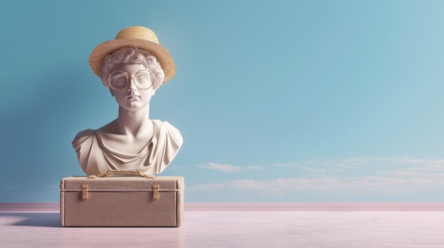 Minimalist Greek bust in sunhat and sunglasses sitting with suitcase at empty tropical airport terminal, pastel colors, humorous travel concept, clean layout with light vacation mood