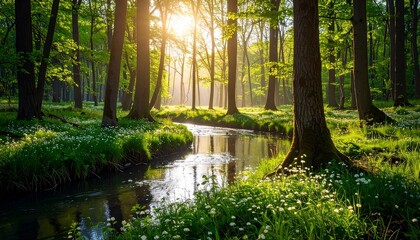 Obraz premium river with big trees and sunlight