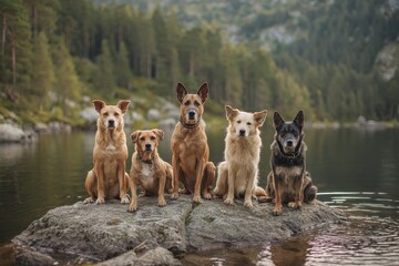 Naklejka premium Playful Group of Dogs Resting on a Rock Amidst Stunning Summer Landscape