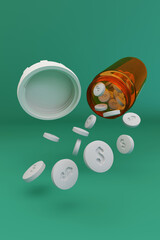 Pills with the dollar sign falling out of a bottle on green background. 3d illustration.