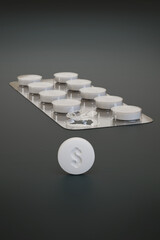 A pill with a dollar sign next to a tablet of pills. 3D illustration.