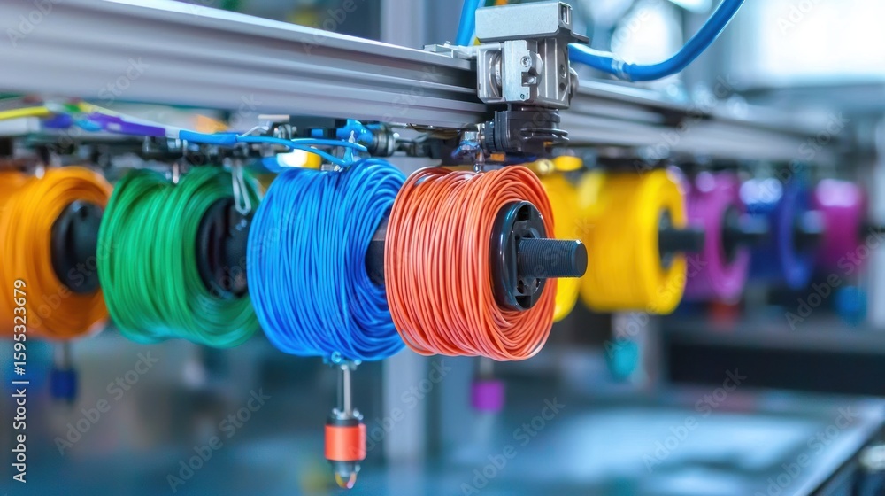 Poster a 3d printer with multiple spools of colorful filament, suspended in mid-air, with a blurred backgro