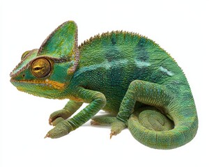 Obraz premium Vibrant Green Chameleon Portrait - Chamaeleo Calyptratus on a Light Background