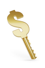 Golden key with the dollar sign isolated on white background. 3d illustration.
