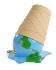 Melted ice cream in the shape of planet earth isolated on white background. Global warming concept. 3d illustration.