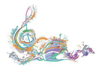 Abstract musical design with a summer treble clef and musical waves, notes and splashes. Hand drawn vector illustration for t shirts, covers,  wallpaper, greeting cards, wall-art, invitations.