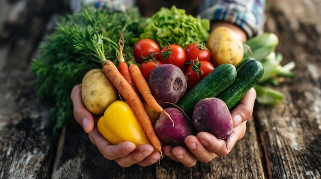 Close-up of hands holding fresh organic vegetables and fruits at a vegan festival rustic wooden table background warm natural light real photo stock photography
