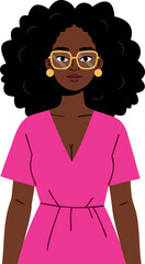 Woman with afro hairstyle wearing pink dress and glasses vector illustration with confident expression and modern style