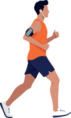 Man jogging outdoors in orange shirt and navy shorts with earphones and armband for fitness tracking during exercise