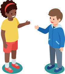 Fototapeta premium Children greeting each other with friendly hand gestures in casual colorful clothing vector illustration