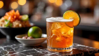 Refreshing cocktail with lime slice on marble table beside food  