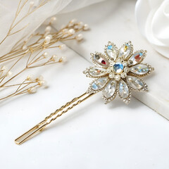 Elegant crystal hair pin isolated on white background.