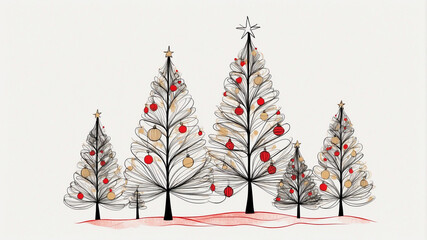 christmas trees with snow, Minimalist Christmas tree made of hand-drawn black lines, with soft glowing ornaments