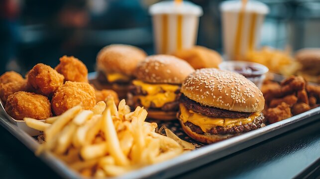 Close-up view of a delicious tray featuring cheeseburgers fries nuggets and milkshakes on National Fast Food Day