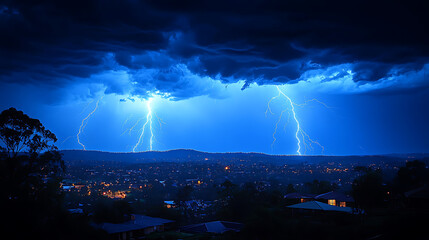 Dramatic Lightning Storm Over Suburban Cityscape at Night