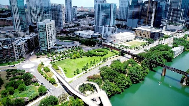 Aerial view of the congress avenue bridge over lady bird lake in austin