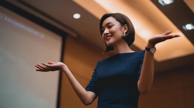 女性が会議室でプレゼンテーションを行う瞬間