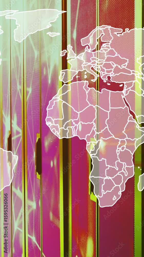 Aufkleber animation of world map and digital data processing over computer servers