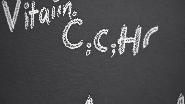 The chemical structure of Vitamin C drawn on blackboard alongside an illustration of citrus fruits