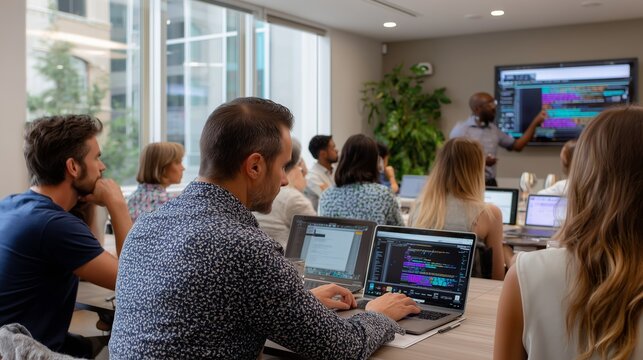 Group of professionals engaged in a coding workshop at a modern office space in the afternoon
