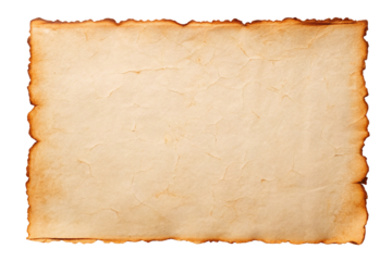 Aged parchment paper with burnt edges isolated on transparent background
