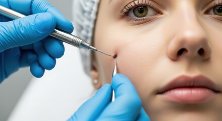 Close-up of mole removal procedure on woman's face by dermatologist