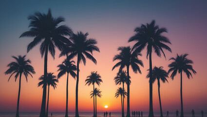 Tropical palm trees silhouetted at sunset over a calm beach and ocean coastline