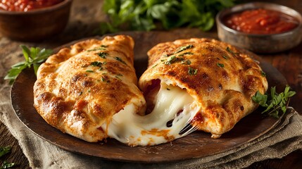 Close up of a freshly baked cheesy calzone sliced open with melty filling stretching on rustic table setting