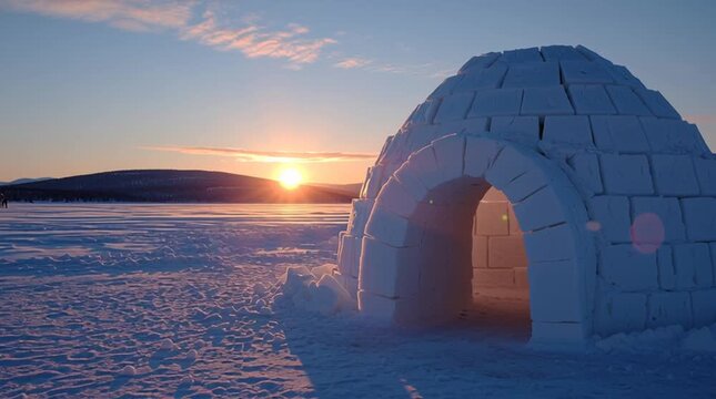 ice igloo under glowing sunset in snowy arctic tundra with warm light inside symbolizing traditional survival home warmth isolation winter chill beauty resilience and cinematic landscape of polar natu