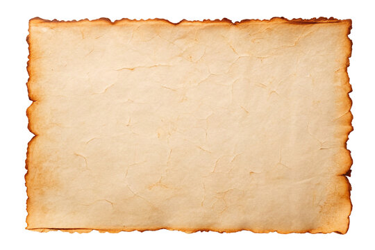 Aged parchment paper with burnt edges isolated on transparent background