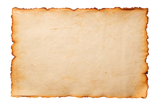 Aged parchment paper with burnt edges isolated on transparent background