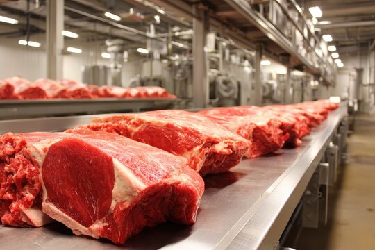 Raw meat cuts on a conveyor belt in a processing facility.